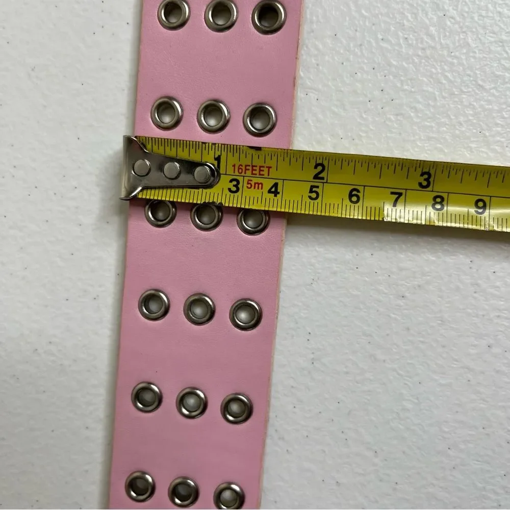 New Pink Leather Belt Silver Buckle Rivets Triple Hole Prong Women Large FLAWS